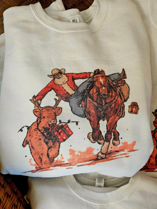 Bull Dogging Santa Sweatshirt